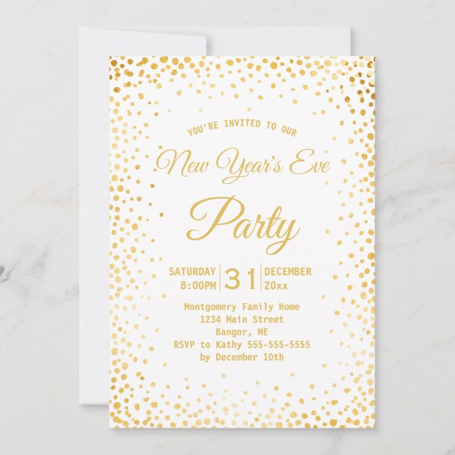 Faux Gold Confetti New Years Eve Party White Invitation (Front)