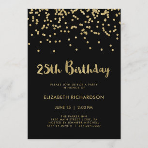 Faux Gold Confetti on Black   25th Birthday Party Invitation