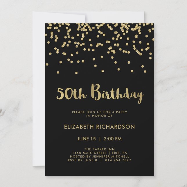 Faux Gold Confetti on Black | 50th Birthday Party Invitation (Front)