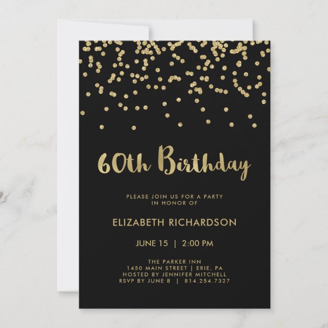 Faux Gold Confetti on Black | 60th Birthday Party Invitation (Front)