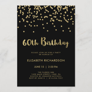 Faux Gold Confetti on Black 60th Birthday Party Invitation