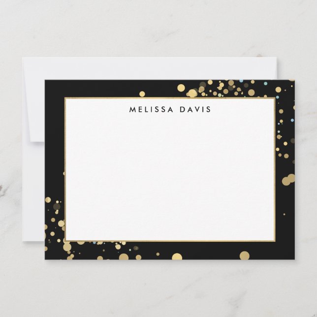 Faux Gold Confetti on Black Flat Notecard (Front)