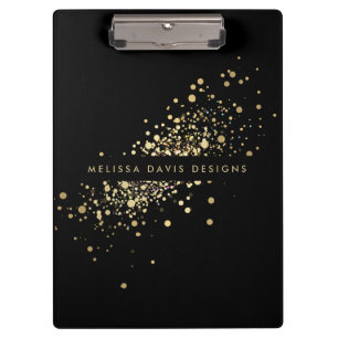 Faux Gold Confetti on Black Modern Personalised Clipboard