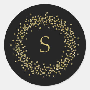Faux Gold Confetti on Black   Monogram Classic Round Sticker