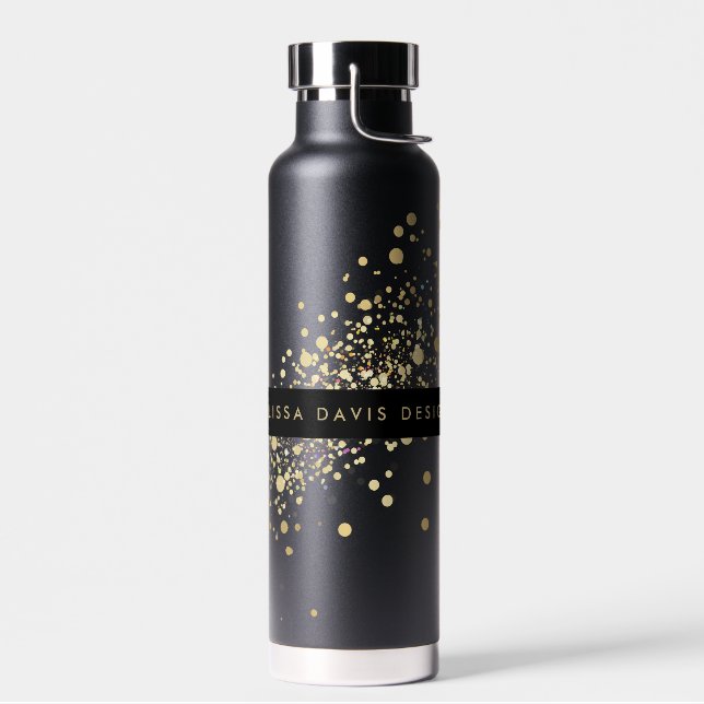 Faux Gold Confetti on Black Personalised Water Bottle (Left)