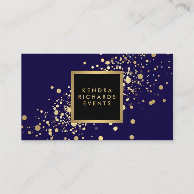 Faux Gold Confetti on Modern Blue Business Card (Front)