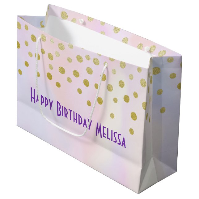 Faux Gold Confetti on Purple Watercolor Large Gift Bag (Front Angled)