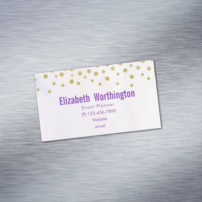 Faux Gold Confetti on Purple Watercolor Magnetic Business Card (In Situ)