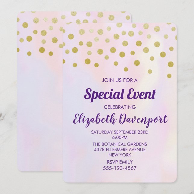 Faux Gold Confetti on Purple Watercolor Party Invitation (Front/Back)