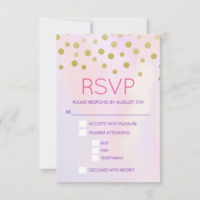 Faux Gold Confetti on Purple Watercolort RSVP (Front)