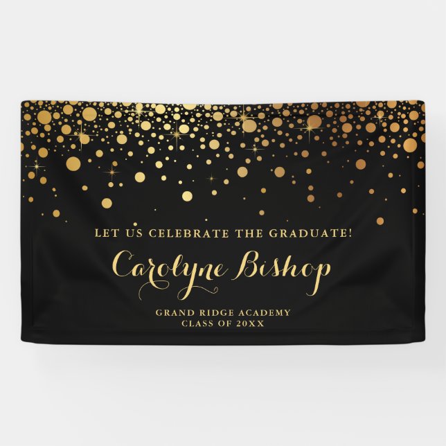 Faux Gold Confetti Personalised Graduation | Black Banner (Horizontal)