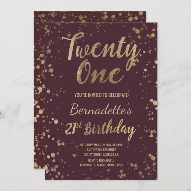 Faux gold confetti red chic 21st Birthday Invitation (Front/Back)
