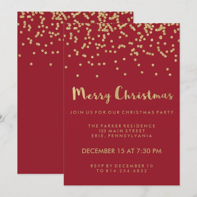 Faux Gold Confetti Red Merry Christmas Party Invitation (Front/Back)