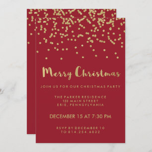Faux Gold Confetti Red Merry Christmas Party Invitation
