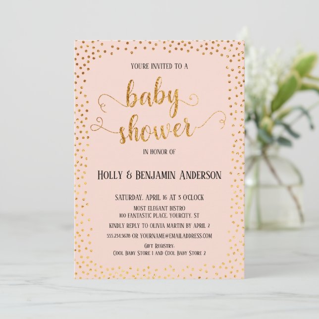 Faux Gold Confetti Typography Blush Baby Shower Invitation (Standing Front)