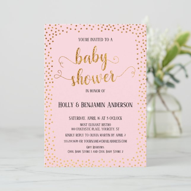 Faux Gold Confetti Typography Pink Baby Shower Invitation (Standing Front)