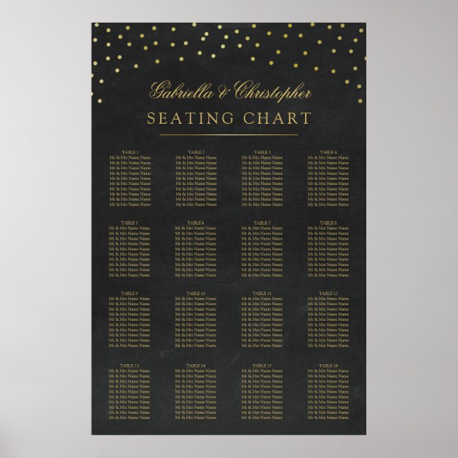 Faux Gold Confetti Wedding Seating Chart 16 Table (Front)