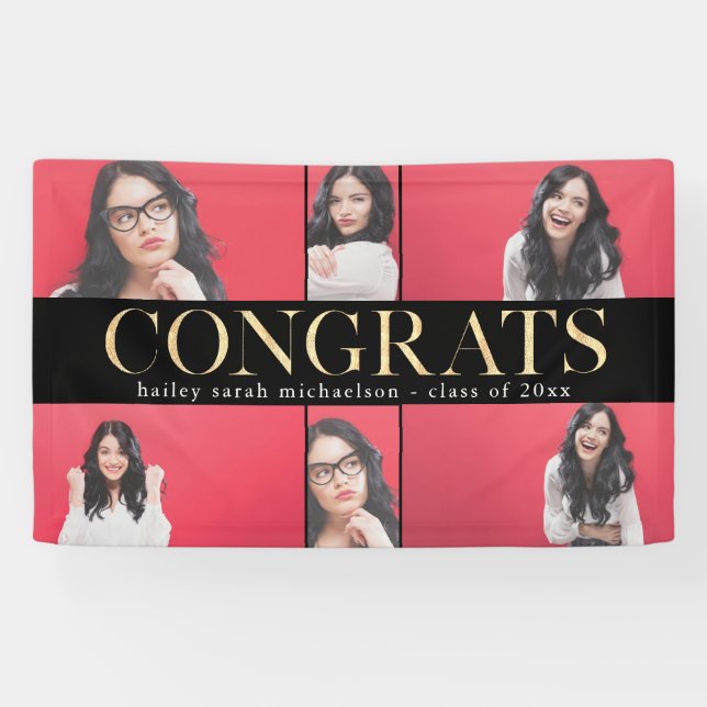 Faux Gold Congrats Graduation Photo Collage Banner (Horizontal)