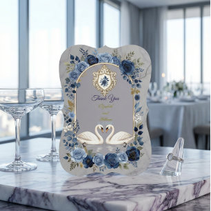 Faux Gold Crest & Watercolor Blue Swans Thank You Card