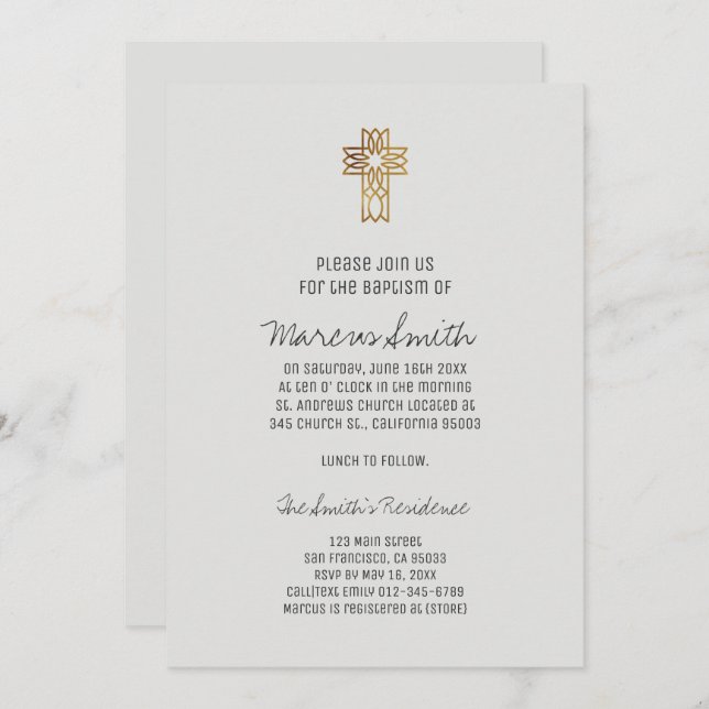 Faux Gold Cross Baby Boy Photo Baptism Invitation (Front/Back)