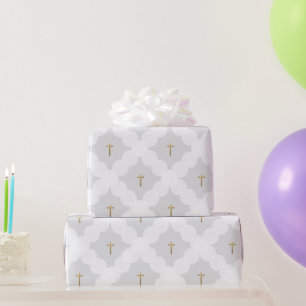 Faux gold cross white circle pattern baptism Grey Wrapping Paper