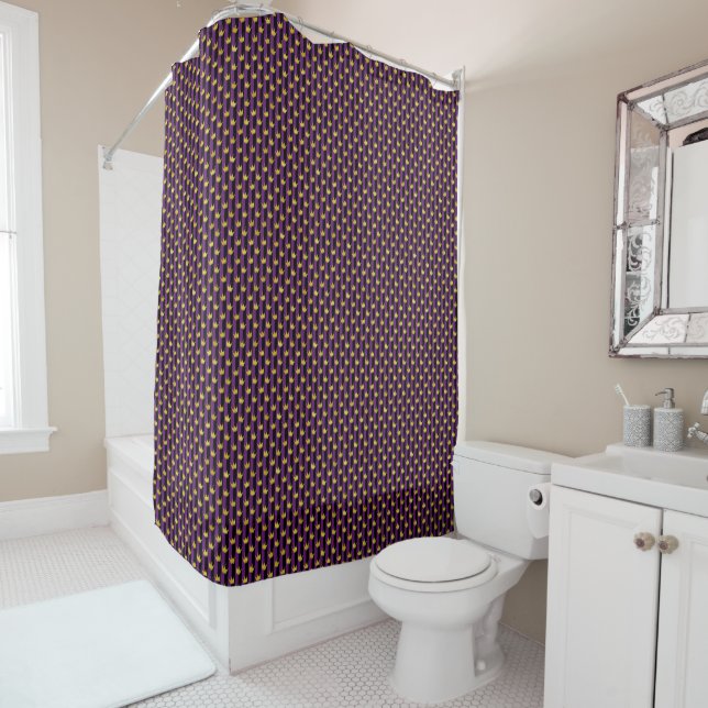 Faux Gold Crowns Purple Black Stripes Mardi Gras Shower Curtain (In Situ)