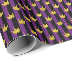 Faux Gold Crowns Purple Black Stripes Mardi Gras Wrapping Paper