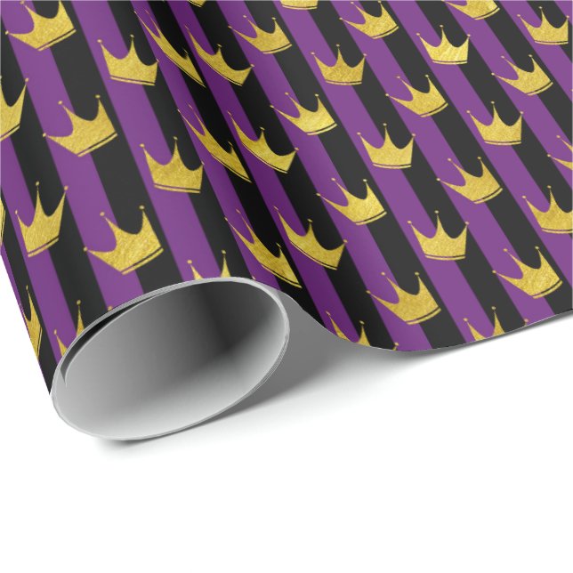 Faux Gold Crowns Purple Black Stripes Mardi Gras Wrapping Paper (Roll Corner)