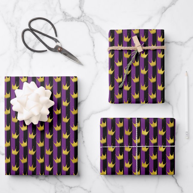 Faux Gold Crowns Purple Black Stripes Mardi Gras Wrapping Paper Sheet (Front)