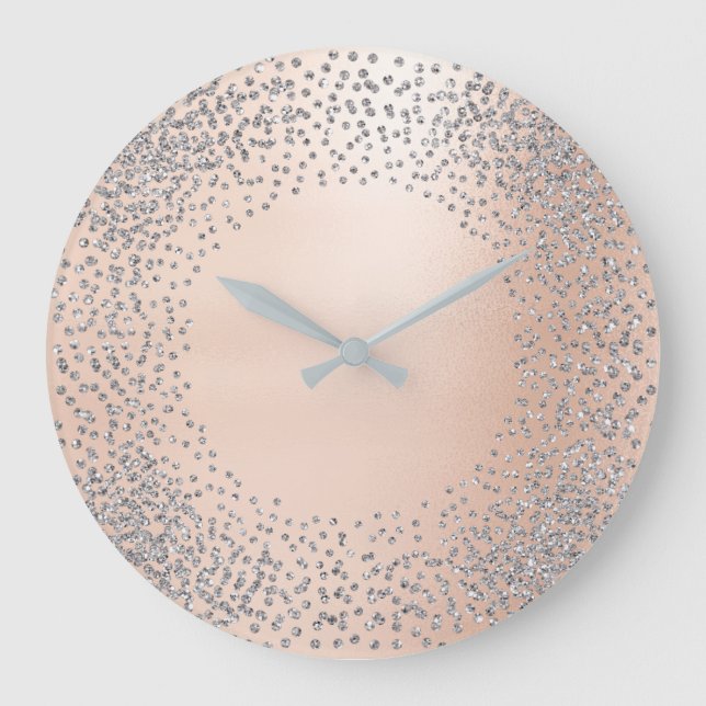 Faux Gold Crystals Confetti Glitter Powder Pink Large Clock (Front)