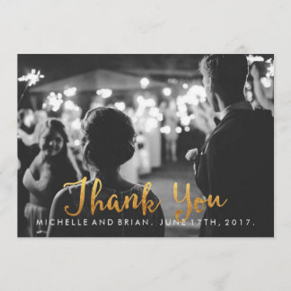 Faux Gold Cursive Wedding Photo Thank You Card