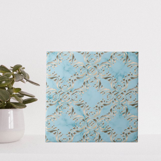 Faux Gold Damask Pattern On A Light Blue Marble Tile (Creator Uploaded)