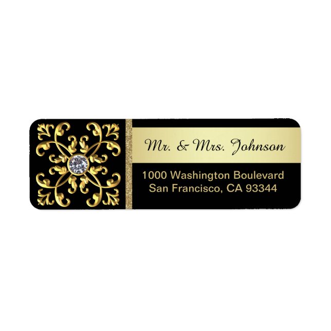 Faux Gold Diamond Black Envelope Return Address (Front)