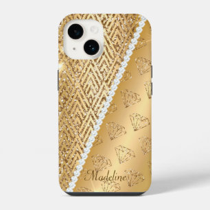 Faux Gold  & Diamonds iPhone 14 Tough Case, Glossy Case