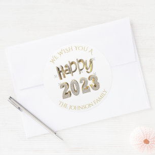 Faux Gold Diamonds Lettering Happy New Year 2023 Classic Round Sticker