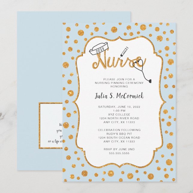 Faux Gold Dot Nurse pinning, changeable colour Invitation (Front/Back)