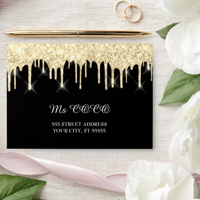Faux Gold Drips Wedding Black Corporate  Envelope (Wedding)