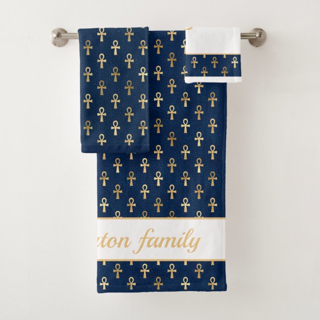 Faux gold Egyptian Ankh Symbol of Life blue white Bath Towel Set (Insitu)