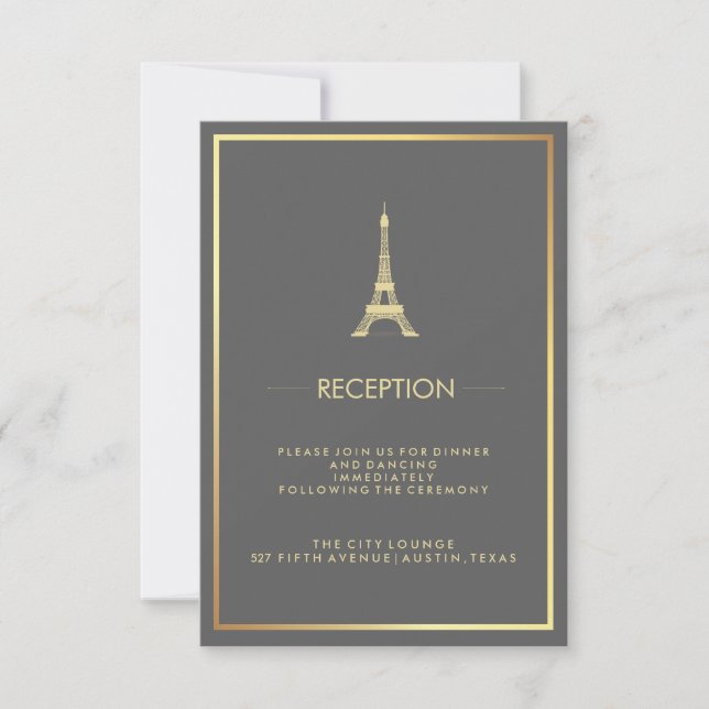 Faux Gold Eiffel Tower Grey Wedding Reception Invitation (Front)