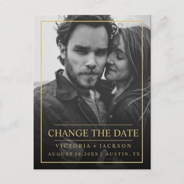 FAUX GOLD ELEGANT FRAME PHOTO CHANGE THE DATE ANNOUNCEMENT POSTCARD (Front)