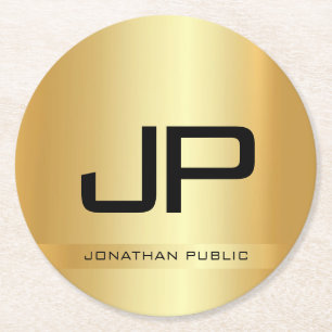 Faux Gold Elegant Monogrammed Template Modern Round Paper Coaster