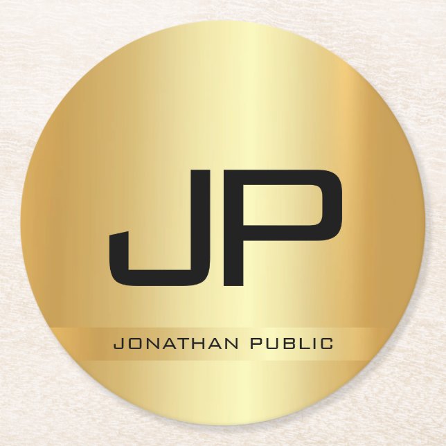 Faux Gold Elegant Monogrammed Template Modern Round Paper Coaster (Front)