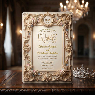 Faux Gold Embossed Rococo Floral Crest Invitation