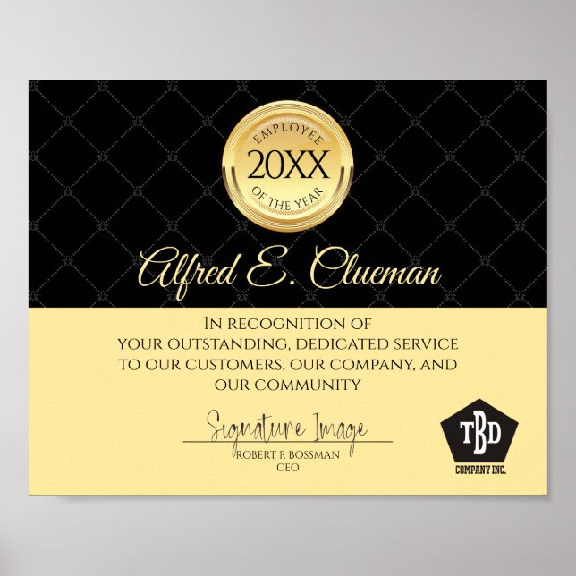 Faux gold employee of the year award certificate poster (Front)