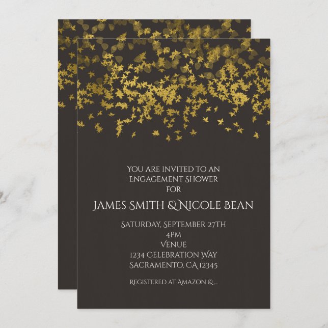 Faux Gold Falling Leaves Autumn Rustic Invitation (Front/Back)