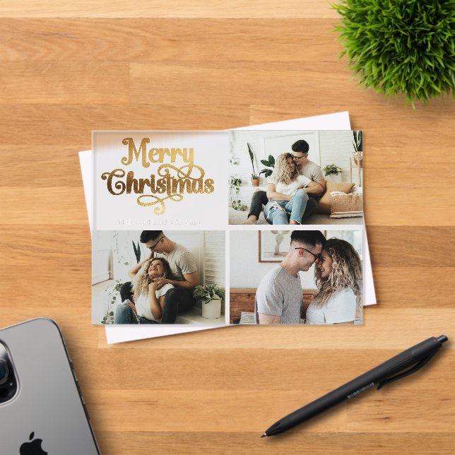 Faux Gold Family Photo Collage Christmas Card Acrylic Invitations (Insitu (Invitation Card))