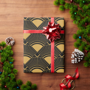 Faux Gold Fan Shapes on Black Glossy Wrapping Paper