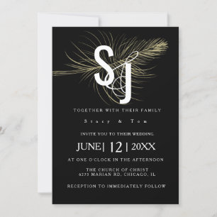 Faux Gold Feather Botanical Black Wedding Suite Invitation