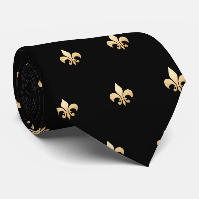 Faux Gold Fleur de lis DIY Black Gold Tie (Rolled)