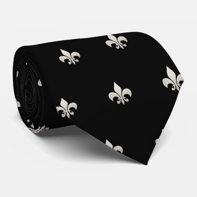 Faux Gold Fleur de lis DIY Black Silver Tie (Rolled)